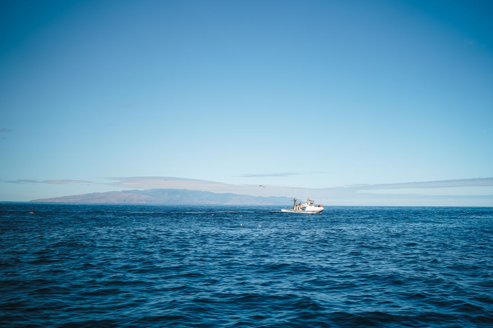 Bateau de pêche isolé sur une mer bleue